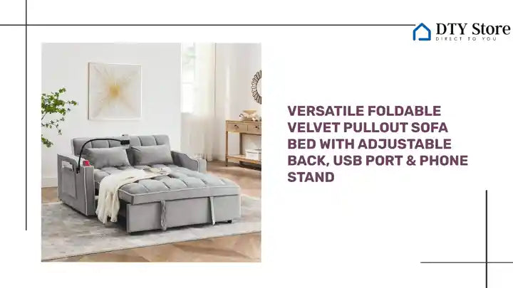 Versatile foldable velvet pullout sofa bed with adjustable back, USB port &amp; phone stand by@Outfy