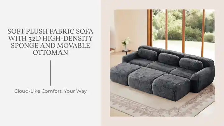 Soft Plush Fabric Sofa with 32D High-Density Sponge and Movable Ottoman by@Outfy