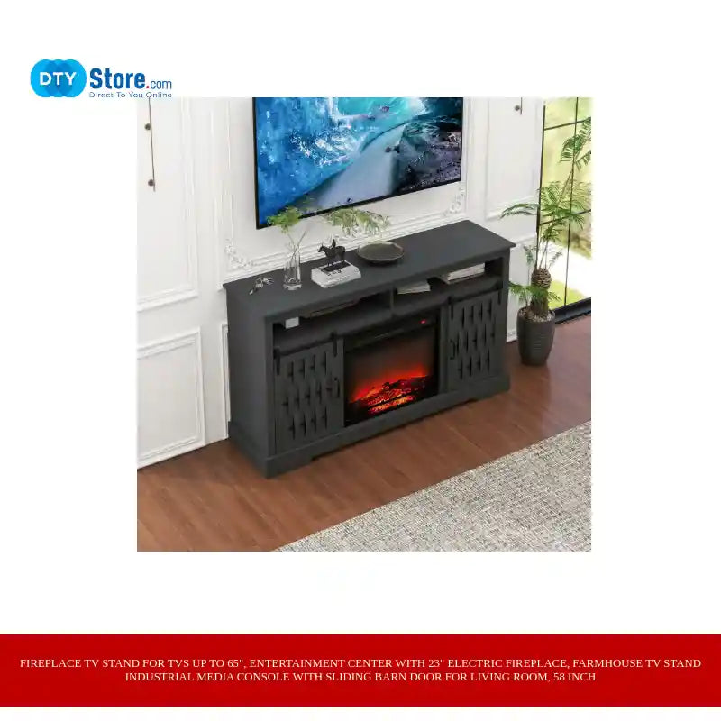 Fireplace TV Stand for TVs up to 65&quot;, Entertainment Center with 23&quot; Electric Fireplace, Farmhouse TV Stand Industrial Media Console with Sliding Barn Door for Living Room, 58 Inch by@Outfy