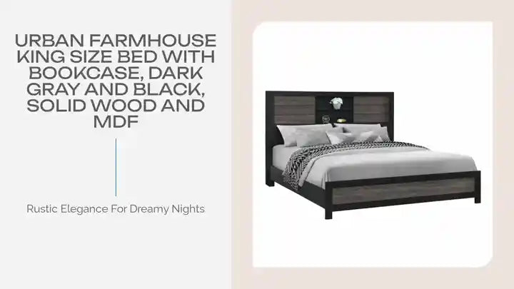 Urban Farmhouse King Size Bed with Bookcase, Dark Gray and Black, Solid Wood and MDF by@Outfy