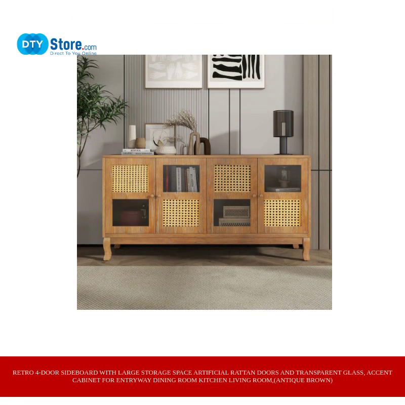 Retro 4-Door Sideboard with Large Storage Space Artificial Rattan Doors and Transparent Glass, Accent Cabinet for Entryway Dining Room Kitchen Living Room,(Antique Brown) by@Outfy