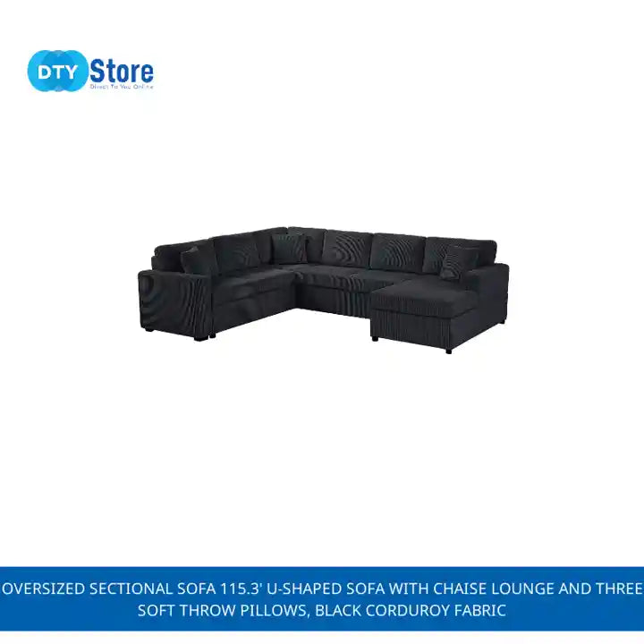 Oversized Sectional Sofa 115.3&#039; U-Shaped Sofa with Chaise Lounge and Three Soft Throw Pillows, Black Corduroy Fabric by@Outfy