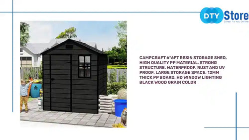 Campcraft 6*6ft resin storage shed, high quality pp material, strong structure, waterproof, rust and UV proof, large storage space, 12mm thick pp board, HD window lighting Black wood grain color - Image 28
