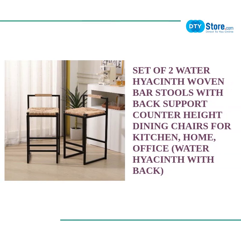 Set of 2 Water Hyacinth Woven Bar Stools with Back Support Counter Height Dining Chairs for Kitchen, Home, Office (Water Hyacinth with Back) by@Outfy