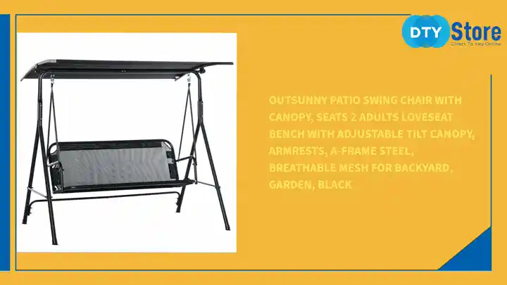 Outsunny Patio Swing Chair with Canopy, Seats 2 Adults Loveseat Bench with Adjustable Tilt Canopy, Armrests, A-Frame Steel, Breathable Mesh for Backyard, Garden, Black by@Outfy