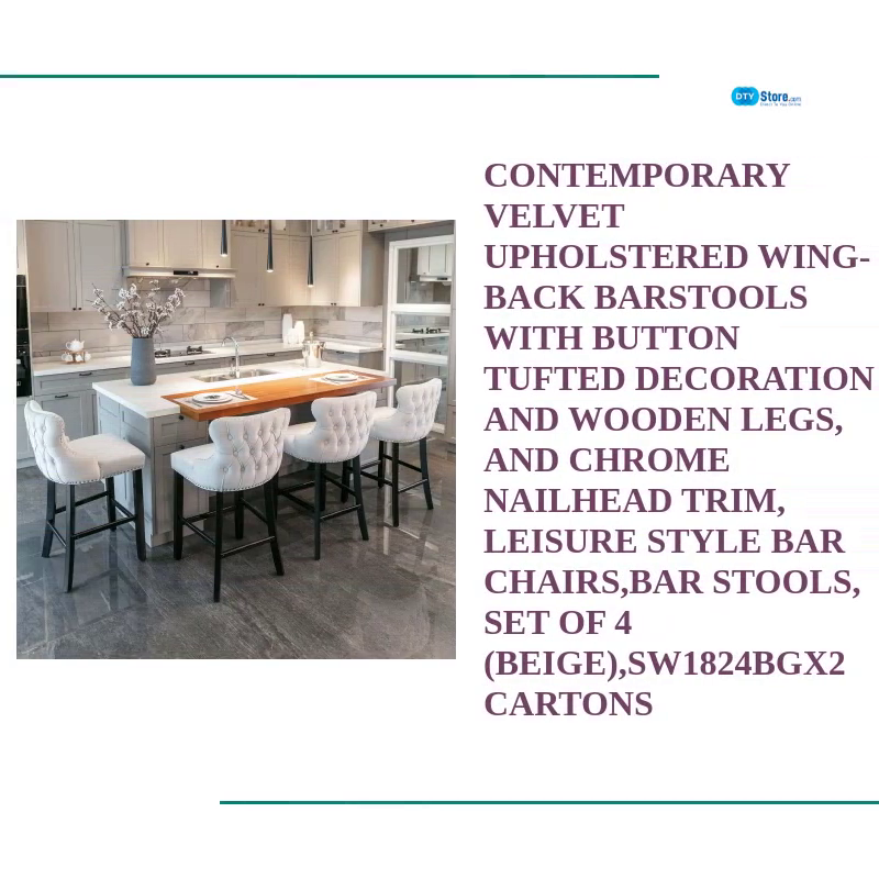 Contemporary Velvet Upholstered Wing-Back Barstools with Button Tufted Decoration and Wooden Legs, and Chrome Nailhead Trim, Leisure Style Bar Chairs,Bar stools, Set of 4 (Beige),SW1824BGx2 cartons by@Outfy
