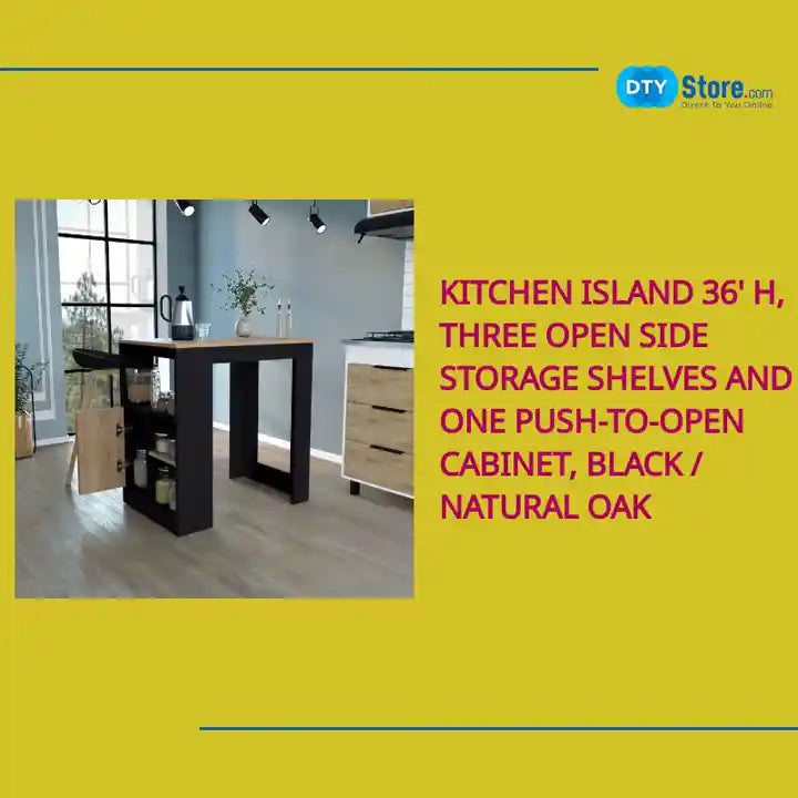 Kitchen Island 36&#039; H, Three Open Side Storage Shelves and One Push-to-Open Cabinet, Black / Natural Oak by@Outfy