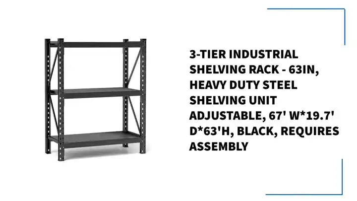 3-Tier Industrial Shelving Rack - 63in, Heavy Duty Steel Shelving Unit Adjustable, 67' W*19.7' D*63'H, Black, Requires Assembly by@Outfy