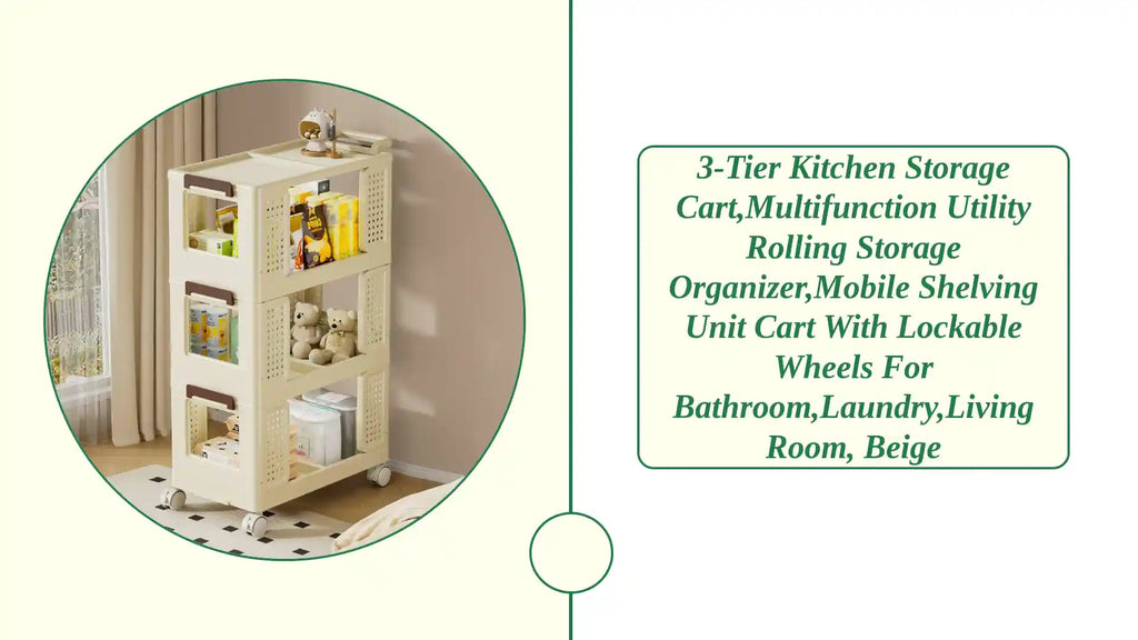 3-Tier Kitchen Storage Cart,Multifunction Utility Rolling Storage Organizer,Mobile Shelving Unit Cart with Lockable Wheels for Bathroom,Laundry,Living Room, beige by@Outfy