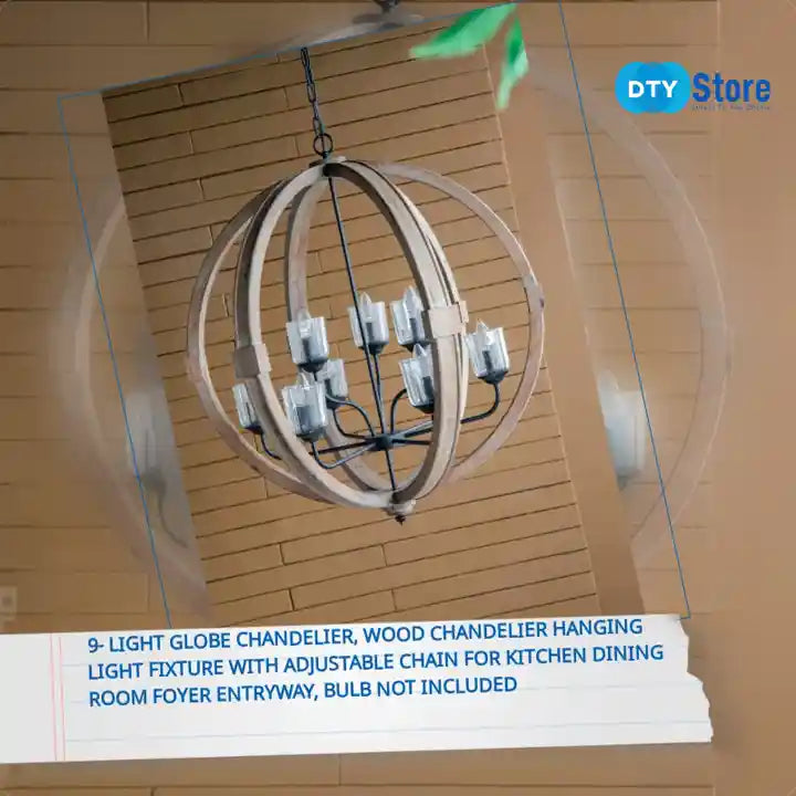 9- Light Globe Chandelier, Wood Chandelier Hanging Light Fixture with Adjustable Chain for Kitchen Dining Room Foyer Entryway, Bulb Not Included by@Outfy