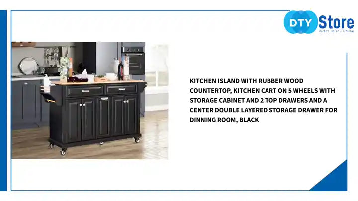 Kitchen Island with Rubber wood Countertop, Kitchen Cart on 5 Wheels with Storage Cabinet and 2 Top Drawers and A center double layered storage drawer for Dinning Room, Black by@Outfy
