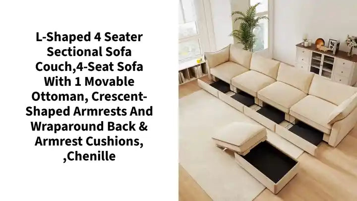 L-Shaped 4 Seater Sectional Sofa Couch,4-seat Sofa with 1 Movable Ottoman, Crescent-shaped Armrests And Wraparound Back &amp; Armrest Cushions, ,Chenille by@Outfy