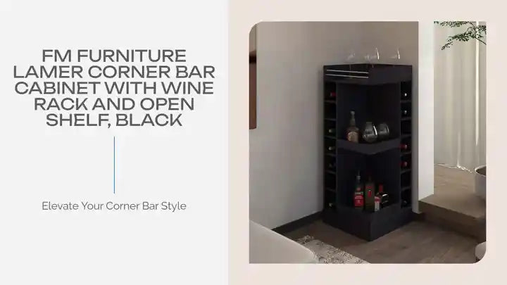 FM FURNITURE Lamer Corner Bar Cabinet with Wine Rack and Open Shelf, Black by@Outfy