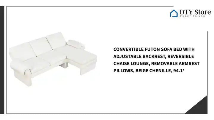 Convertible Futon Sofa Bed with Adjustable Backrest, Reversible Chaise Lounge, Removable Armrest Pillows, Beige Chenille, 94.1' by@Outfy