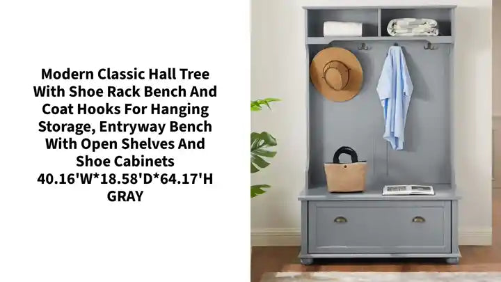Modern Classic Hall Tree with Shoe Rack Bench and Coat Hooks for Hanging Storage, Entryway Bench with Open Shelves and Shoe Cabinets 40.16&#039;W*18.58&#039;D*64.17&#039;H GRAY by@Outfy
