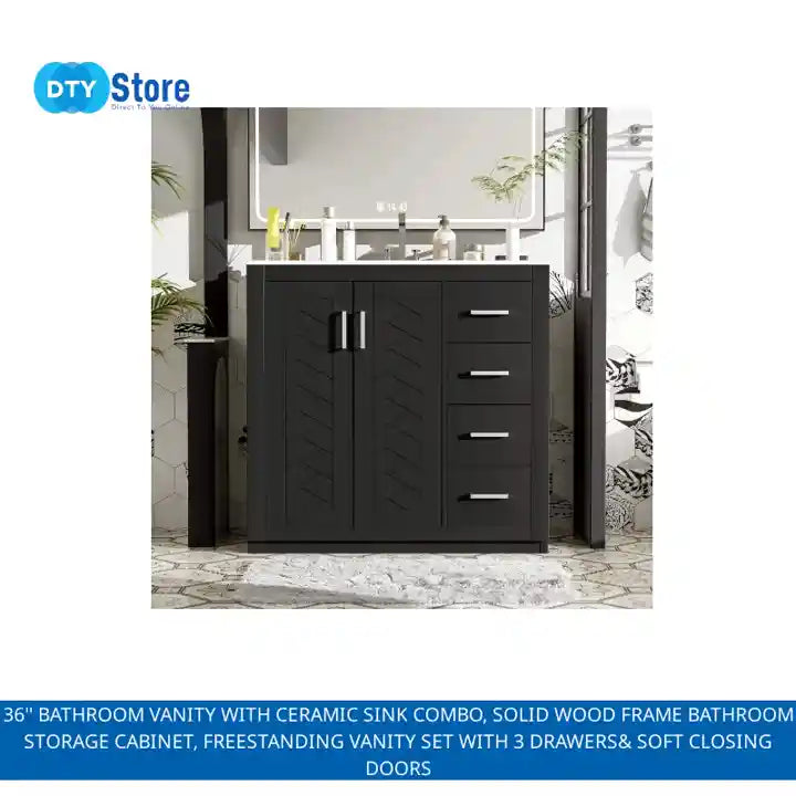 36&#039;&#039; Bathroom Vanity with Ceramic Sink Combo, Solid Wood Frame Bathroom Storage Cabinet, Freestanding Vanity Set with 3 Drawers&amp; Soft Closing Doors by@Outfy