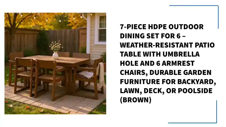 7-Piece HDPE Outdoor Dining Set for 6 &ndash; Weather-Resistant Patio Table with Umbrella Hole and 6 Armrest Chairs, Durable Garden Furniture for Backyard, Lawn, Deck, or Poolside (Brown) by@Outfy
