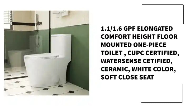 1.1/1.6 GPF Elongated Comfort Height Floor Mounted One-Piece Toilet , CUPC Certified, WaterSense Cetified, Ceramic, White Color, Soft Close Seat by@Outfy