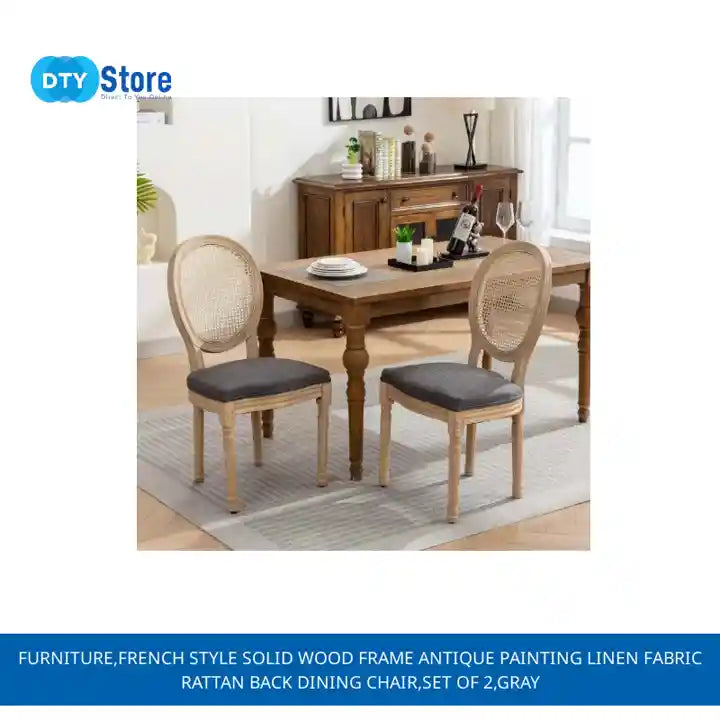 Furniture,French Style Solid Wood Frame Antique Painting Linen Fabric Rattan Back Dining Chair,Set of 2,Gray by@Outfy