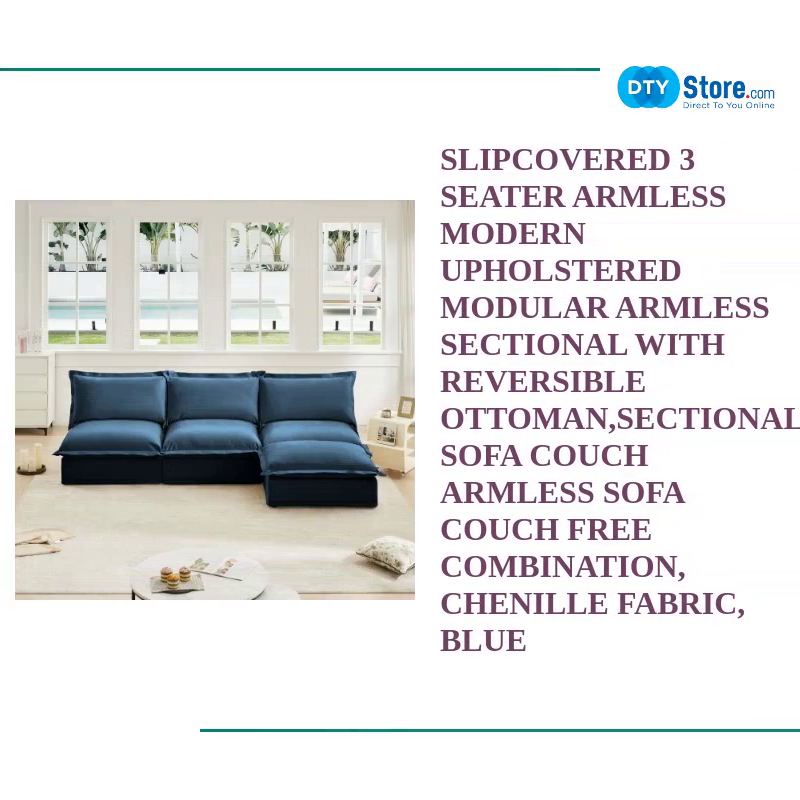 Slipcovered 3 Seater Armless Modern Upholstered Modular Armless Sectional with Reversible Ottoman,Sectional Sofa Couch Armless Sofa Couch Free Combination, Chenille Fabric, Blue by@Outfy