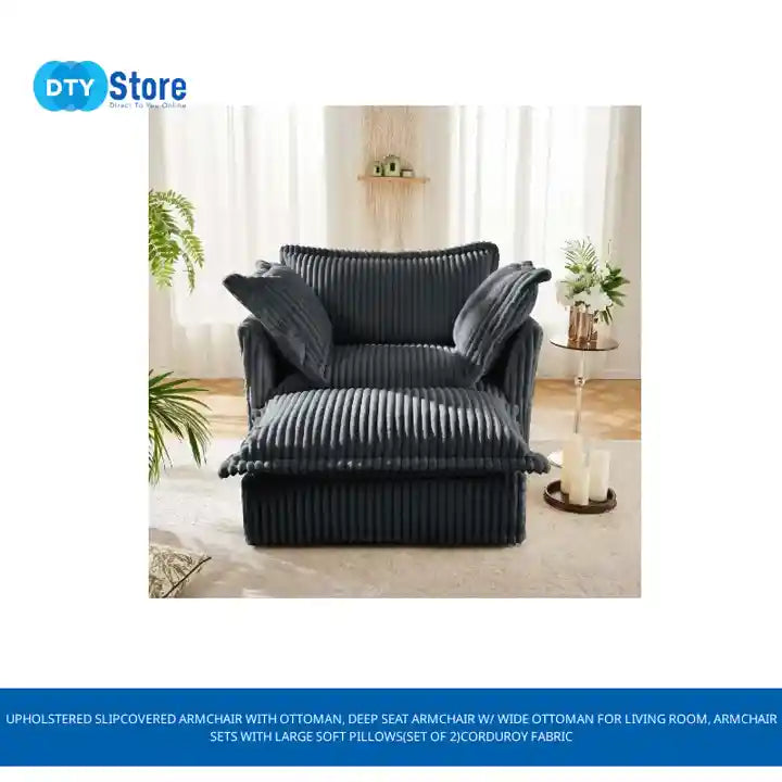 Upholstered Slipcovered Armchair with Ottoman, Deep Seat Armchair W/ Wide Ottoman for Living Room, Armchair Sets with Large Soft Pillows(Set of 2)Corduroy Fabric by@Outfy