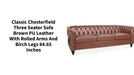 Classic Chesterfield Three Seater Sofa Brown PU Leather with Rolled Arms and Birch Legs 84.65 Inches by@Outfy