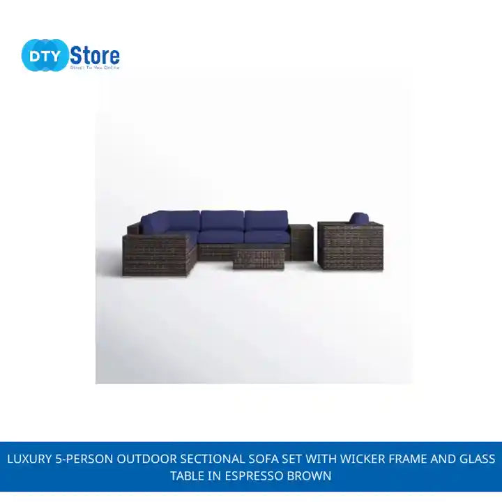 Luxury 5-Person Outdoor Sectional Sofa Set with Wicker Frame and Glass Table in Espresso Brown by@Outfy