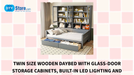Twin Size Wooden Daybed with Glass-Door Storage Cabinets, Built-in LED Lighting and Shelves, Gray by@Outfy