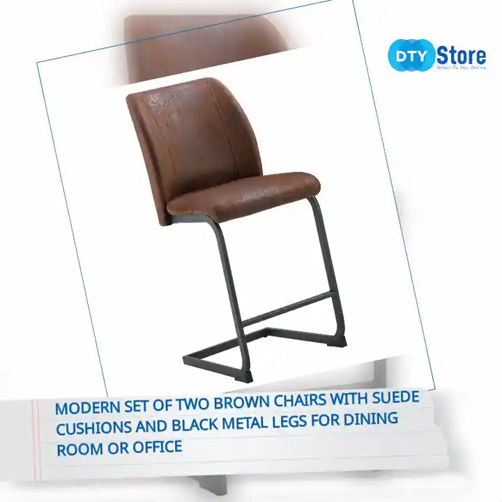 Modern Set of Two Brown Chairs with Suede Cushions and Black Metal Legs for Dining Room or Office by@Outfy