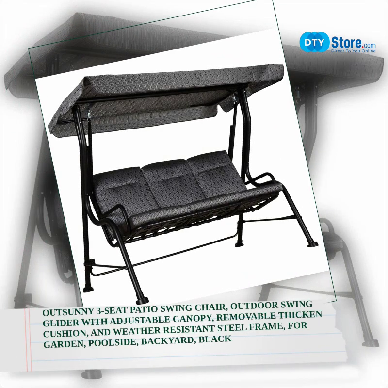 Outsunny 3-Seat Patio Swing Chair, Outdoor Swing Glider with Adjustable Canopy, Removable Thicken Cushion, and Weather Resistant Steel Frame, for Garden, Poolside, Backyard, Black by@Outfy