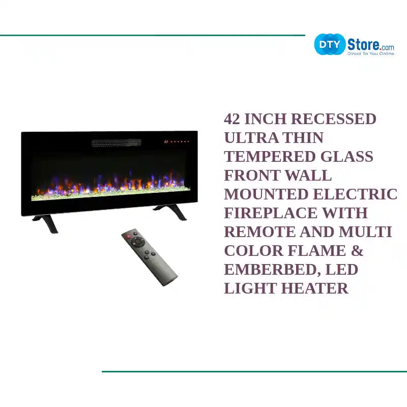 42 inch recessed ultra thin tempered glass front wall mounted electric fireplace with remote and multi color flame &amp; emberbed, LED light heater by@Outfy