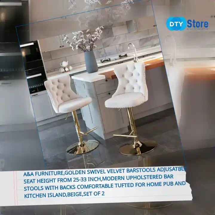 A&amp;A Furniture,Golden Swivel Velvet Barstools Adjusatble Seat Height from 25-33 Inch,Modern Upholstered Bar Stools with Backs Comfortable Tufted for Home Pub and Kitchen Island,Beige,Set of 2 by@Outfy