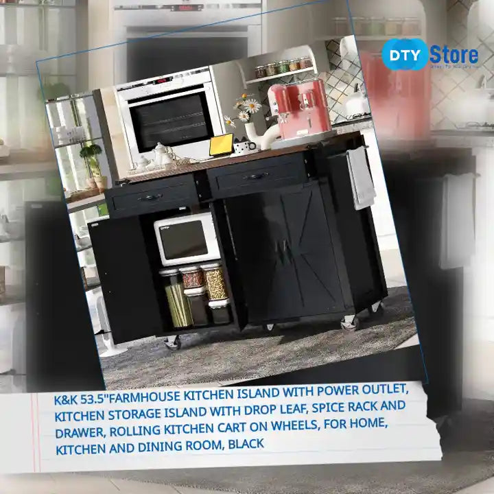 K&amp;K 53.5&#039;&#039;Farmhouse Kitchen Island with Power Outlet, Kitchen Storage Island with Drop Leaf, Spice Rack and Drawer, Rolling Kitchen Cart on Wheels, for Home, Kitchen and Dining Room, Black by@Outfy