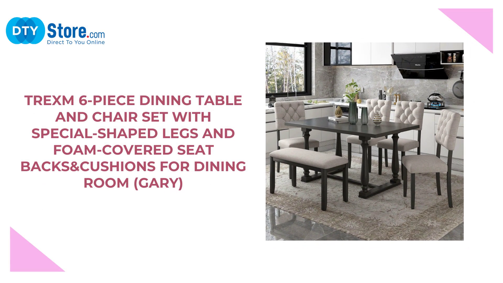 TREXM 6-Piece Dining Table and Chair Set with Special-shaped Legs and Foam-covered Seat Backs&amp;Cushions for Dining Room (Gary) by@Outfy