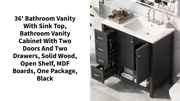 36&#039; Bathroom Vanity with Sink Top, Bathroom Vanity Cabinet with Two Doors and Two Drawers, Solid Wood, Open shelf, MDF Boards, One Package, Black by@Outfy
