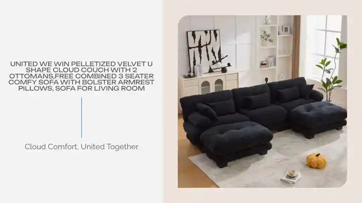 UNITED WE WIN Pelletized velvet U Shape Cloud Couch with 2 Ottomans,Free Combined 3 Seater Comfy Sofa with Bolster Armrest Pillows, sofa for Living Room by@Outfy