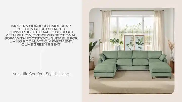 Modern corduroy modular section sofa, U-shaped convertible L-shaped sofa set with pillow, oversized sectional sofa with footstool, suitable for living room, attic, apartment, Olive Green 6 seat by@Outfy