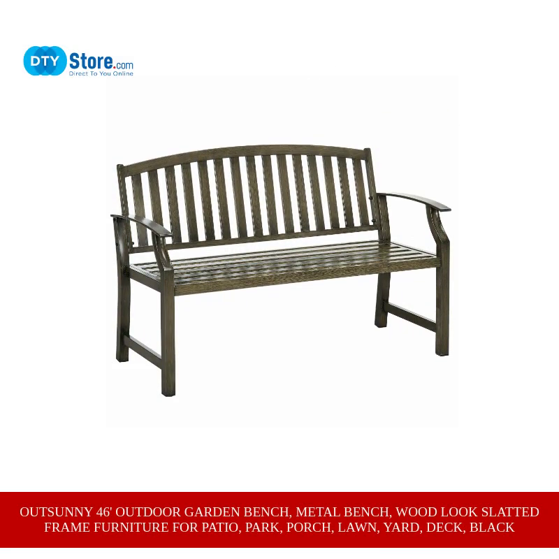 Outsunny 46&#039; Outdoor Garden Bench, Metal Bench, Wood Look Slatted Frame Furniture for Patio, Park, Porch, Lawn, Yard, Deck, Black by@Outfy