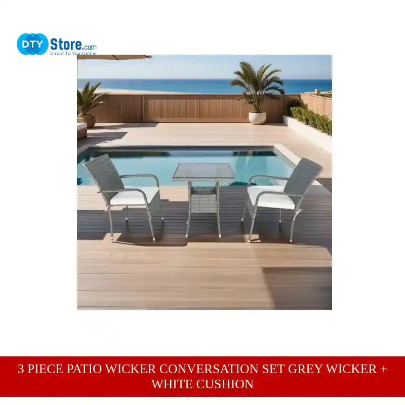 3 Piece Patio Wicker Conversation Set Grey Wicker + white Cushion by@Outfy
