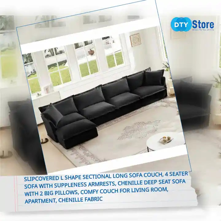 Slipcovered L Shape Sectional Long Sofa Couch, 4 Seater Sofa with Suppleness Armrests, Chenille Deep Seat Sofa with 2 Big Pillows, Comfy Couch for Living Room, Apartment, Chenille Fabric by@Outfy