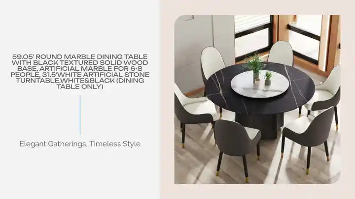 59.05&#039; Round Marble Dining Table with Black Textured Solid Wood Base, Artificial Marble for 6-8 People, 31.5&#039;White Artificial Stone Turntable,White&amp;Black (Dining Table Only) by@Outfy