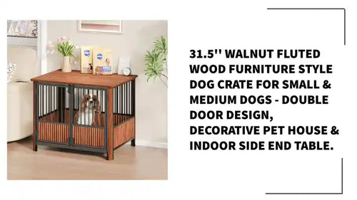 31.5'' Walnut Fluted Wood Furniture Style Dog Crate for small & Medium Dogs - Double Door Design, Decorative Pet House & Indoor Side End Table. - Image 13