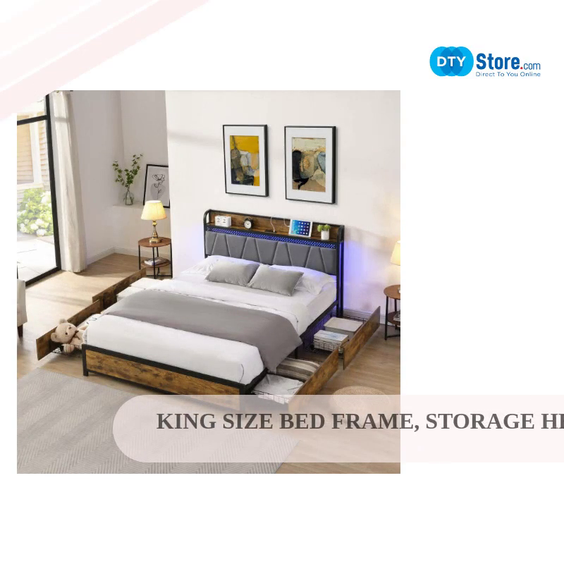 King Size Bed Frame, Storage Headboard with Charging Station and 4 Storage Drawers,LED Lights , Brown and and Gray by@Outfy