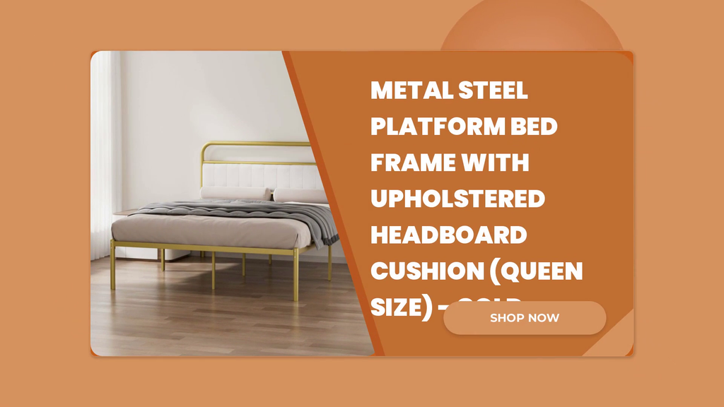 Metal Steel Platform Bed Frame with Upholstered Headboard cushion (Queen Size) - Gold by@Outfy