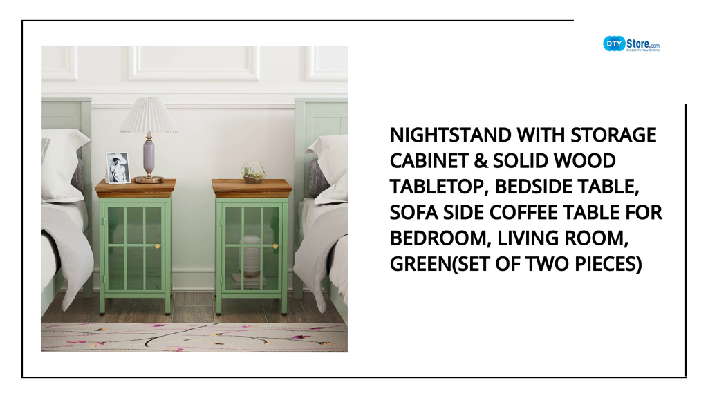 Nightstand with Storage Cabinet &amp; Solid Wood Tabletop, Bedside Table, Sofa Side Coffee Table for Bedroom, Living Room, Green(Set of Two Pieces) by@Outfy