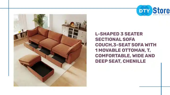 L-Shaped 3 Seater Sectional Sofa Couch,3-seat Sofa with 1 Movable Ottoman, t, Comfortable, Wide and Deep Seat, Chenille by@Outfy