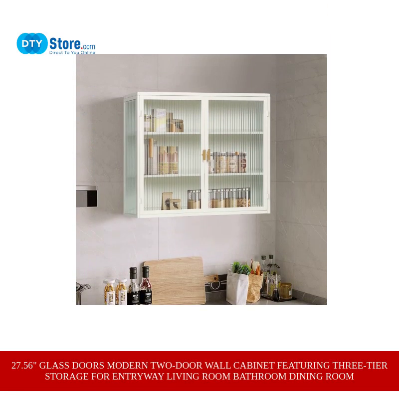 27.56&quot; Glass Doors Modern Two-door Wall Cabinet Featuring Three-tier Storage for Entryway Living Room Bathroom Dining Room by@Outfy