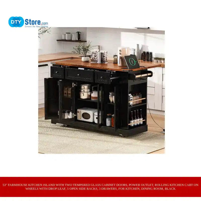 53&#039;&#039; Farmhouse Kitchen Island with Two Tempered Glass Cabinet Doors, Power Outlet, Rolling Kitchen Cart on Wheels with Drop Leaf, 5 Open Side Racks, 3 Drawers, for Kitchen, Dining Room, Black by@Outfy