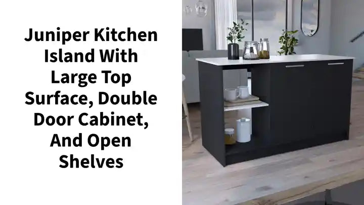 Juniper Kitchen Island with Large Top Surface, Double Door Cabinet, and Open Shelves by@Outfy