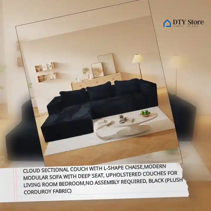 Cloud Sectional Couch with L-Shape Chaise,Modern Modular Sofa with Deep Seat, Upholstered Couches for Living Room Bedroom,No Assembly Required, Black (Plush Corduroy Fabric) by@Outfy